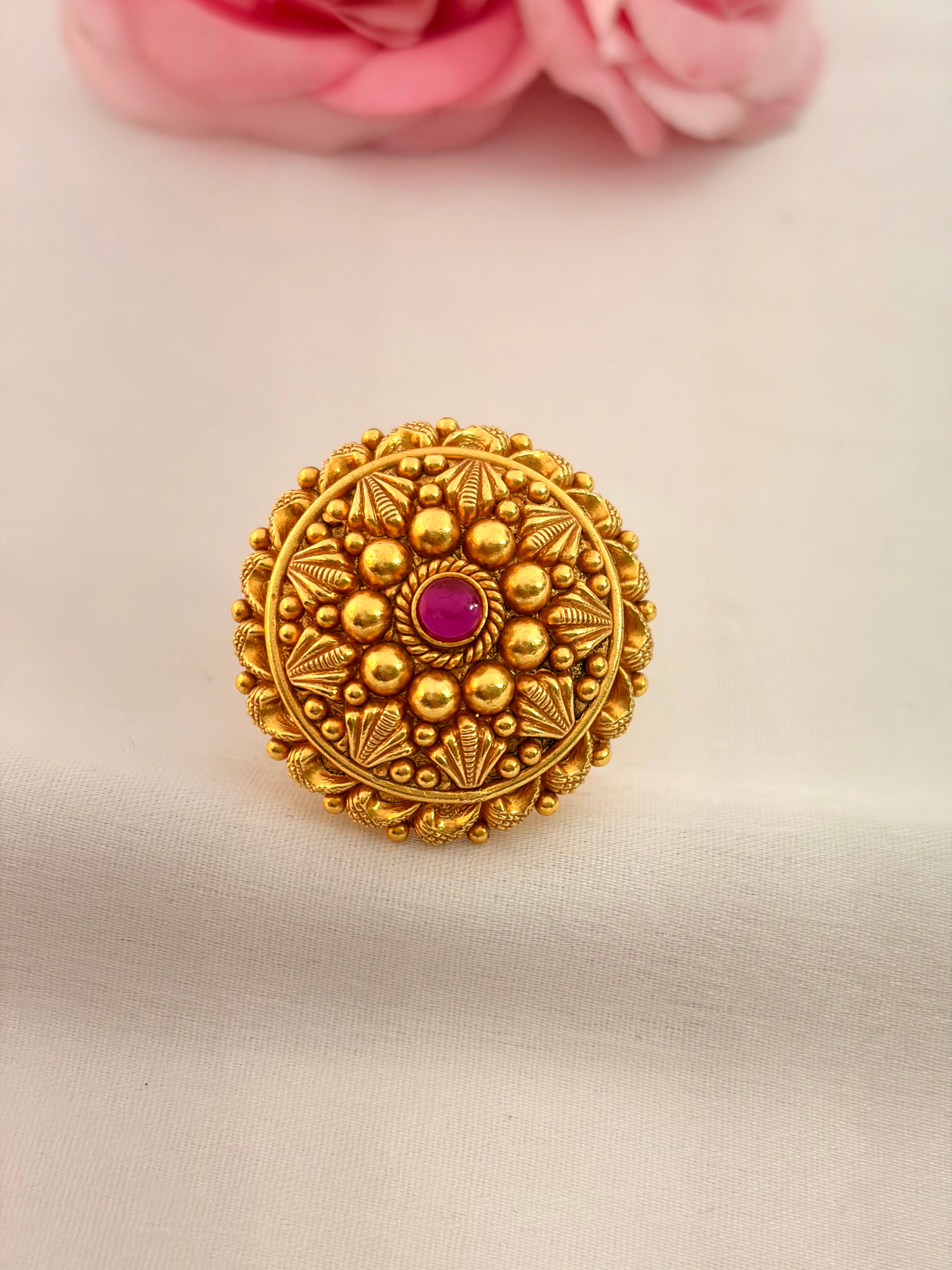 92.5 Sterling Silver Gold-Plated Antique Beaded Floral Ring with Ruby Stone