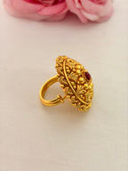 92.5 Sterling Silver Gold-Plated Antique Beaded Floral Ring with Ruby Stone