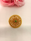 92.5 Sterling Silver Gold-Plated Openwork Floral Ring with Green Stone