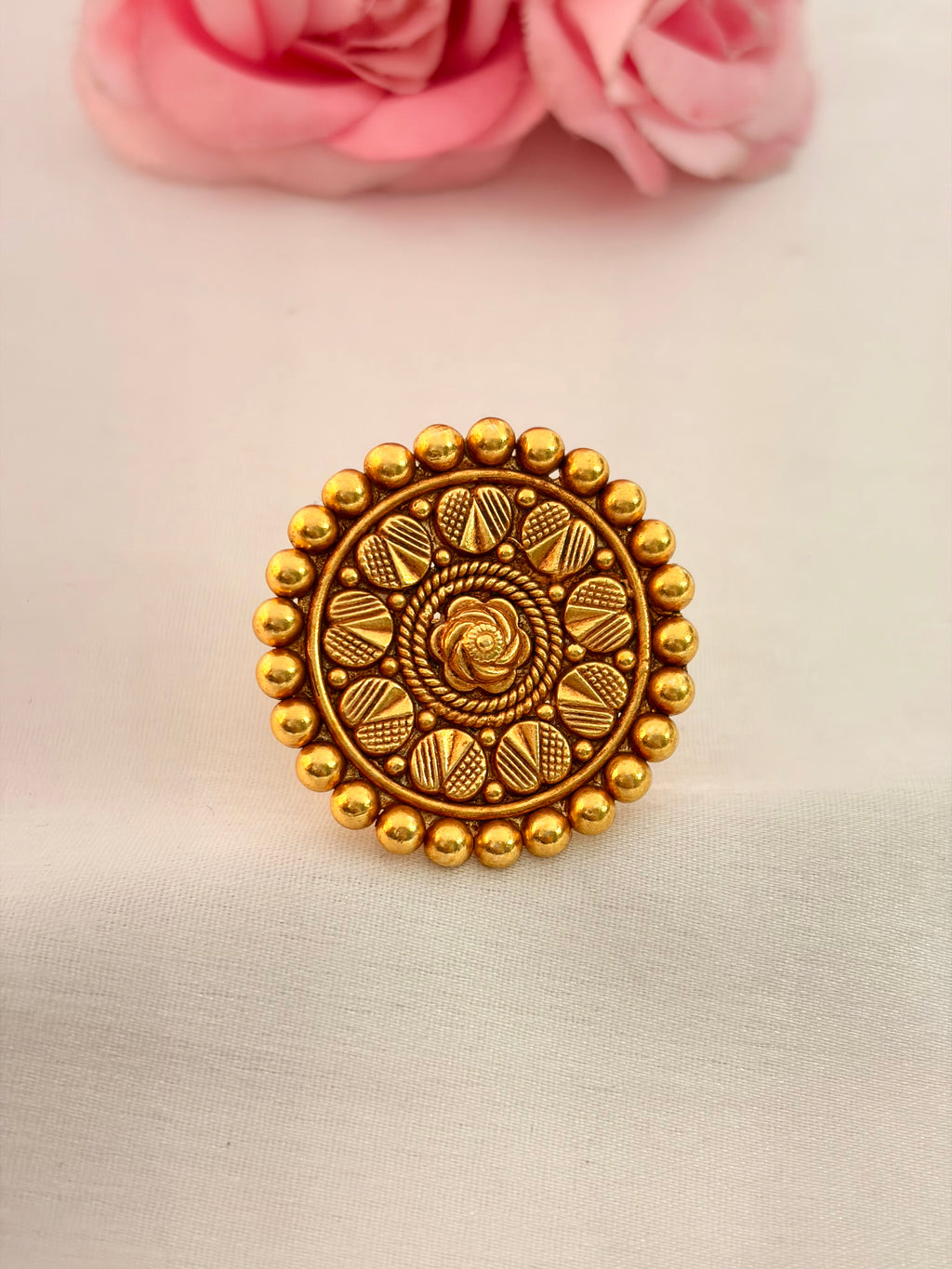 92.5 Sterling Silver Gold-Plated Antique Beaded Floral Statement Ring