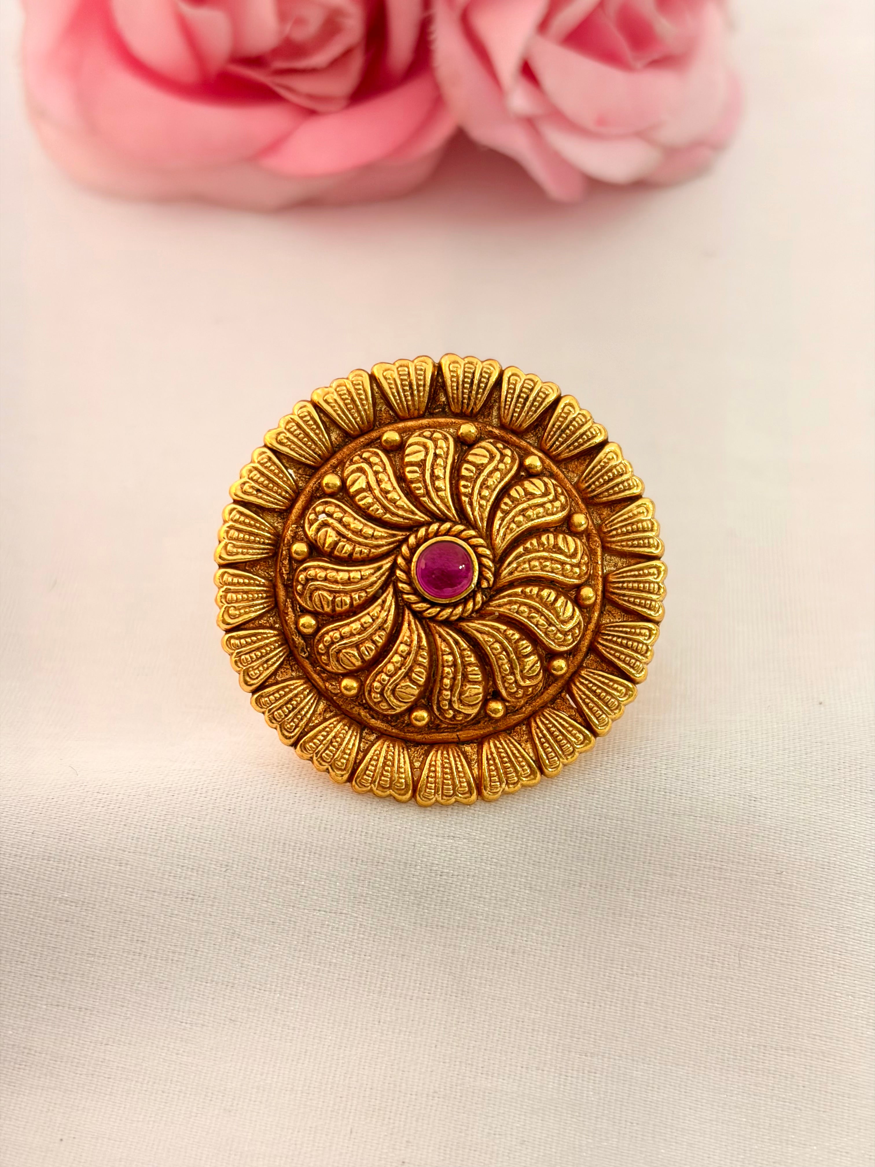 92.5 Sterling Silver Gold-Plated Antique Swirl Statement Ring with Ruby Stone