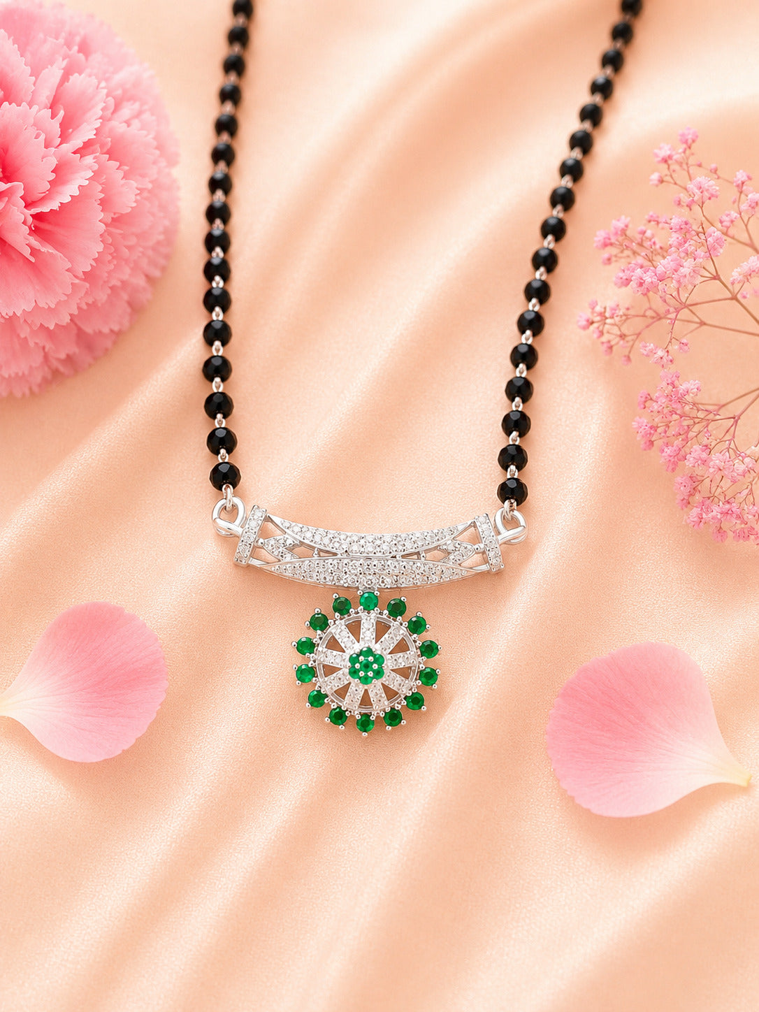 92.5 Sterling Silver Green Floral Mangalsutra