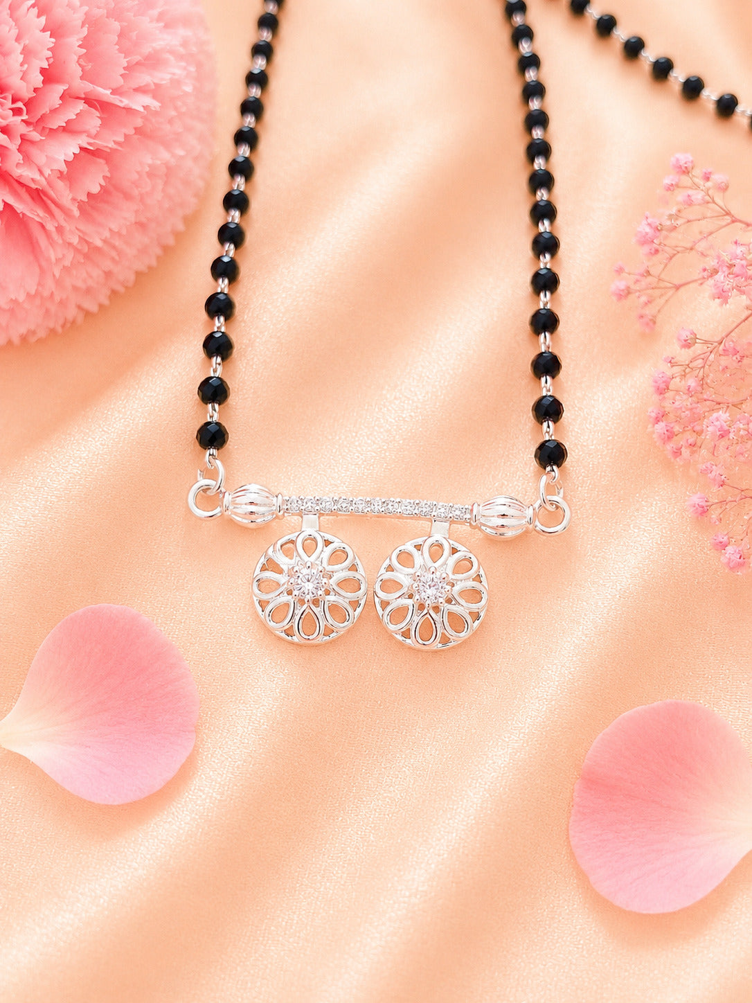 92.5 Sterling Silver Floral Charm Mangalsutra