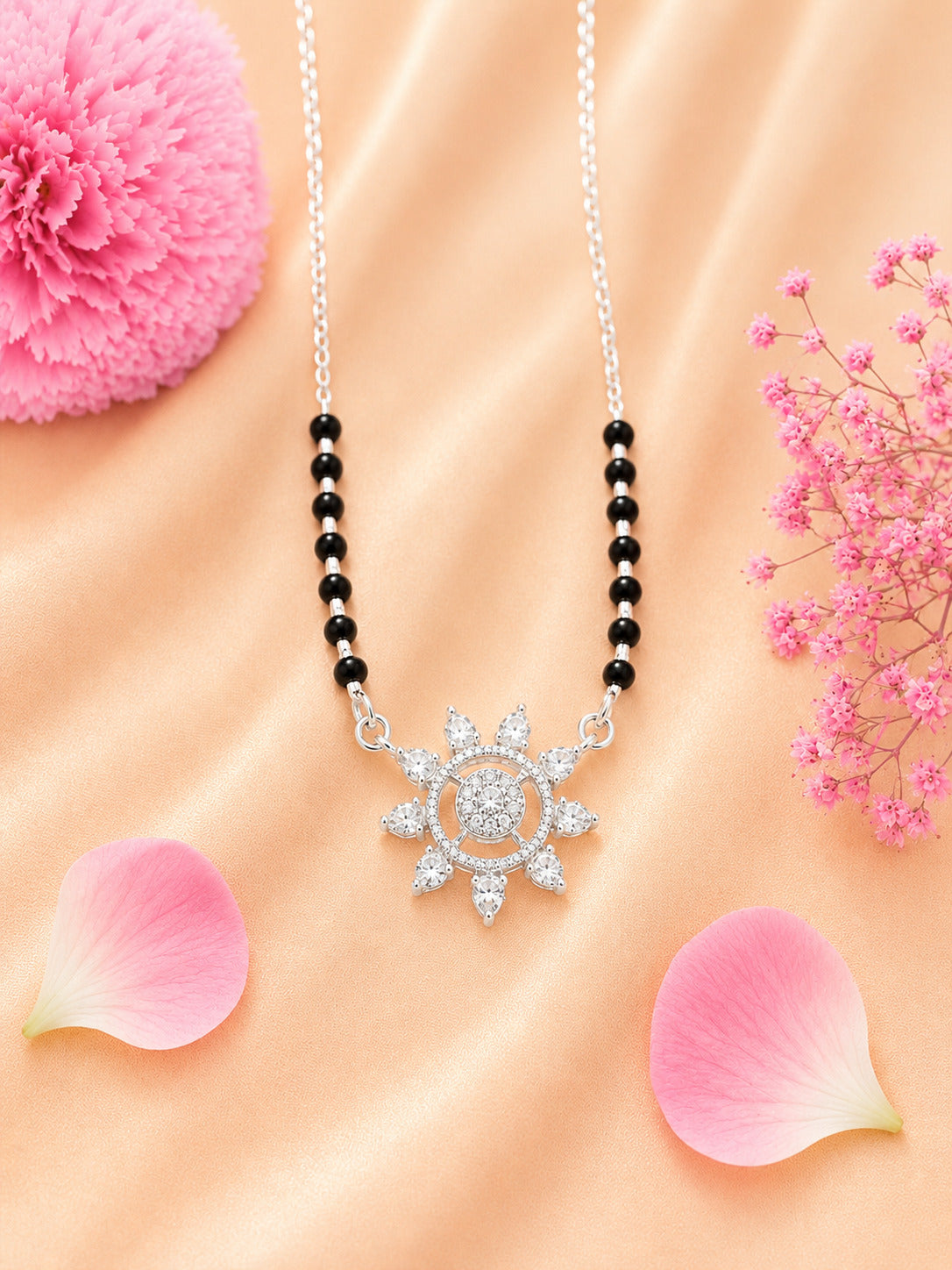 92.5 Sterling Silver Sunburst CZ Mangalsutra