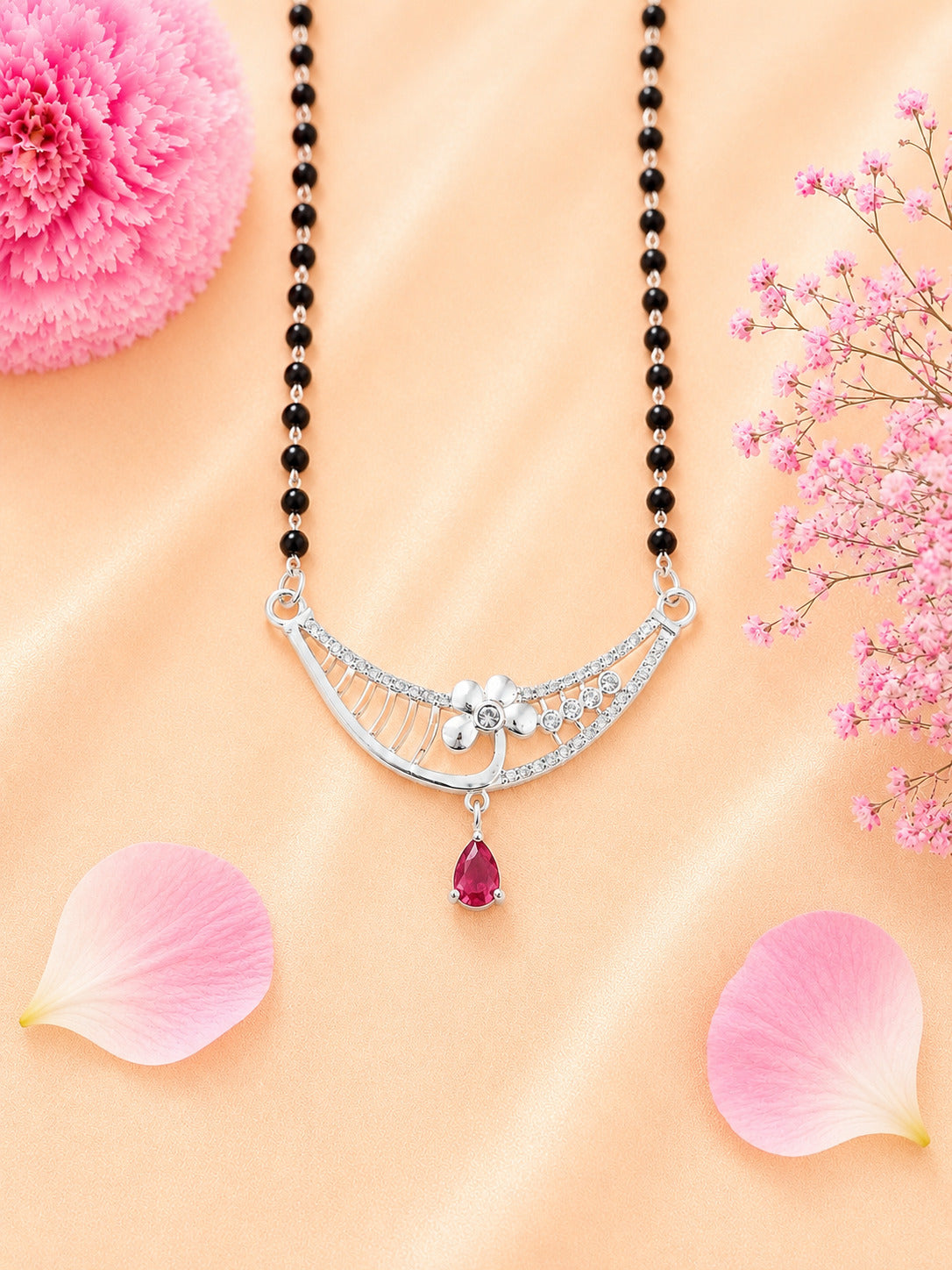 92.5 Sterling Silver Ruby Drop Mangalsutra