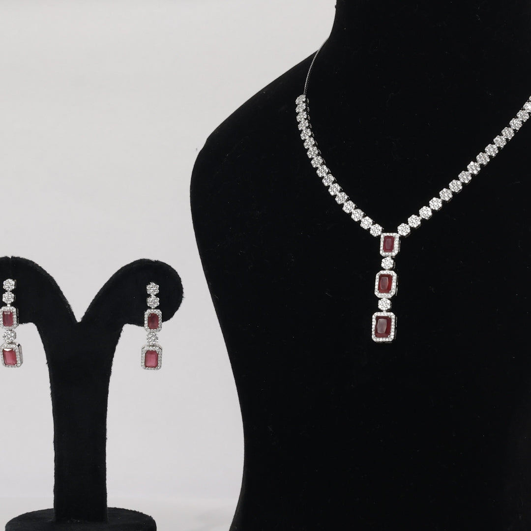 92.5 Sterling Silver Ruby Red Stone Necklace Set