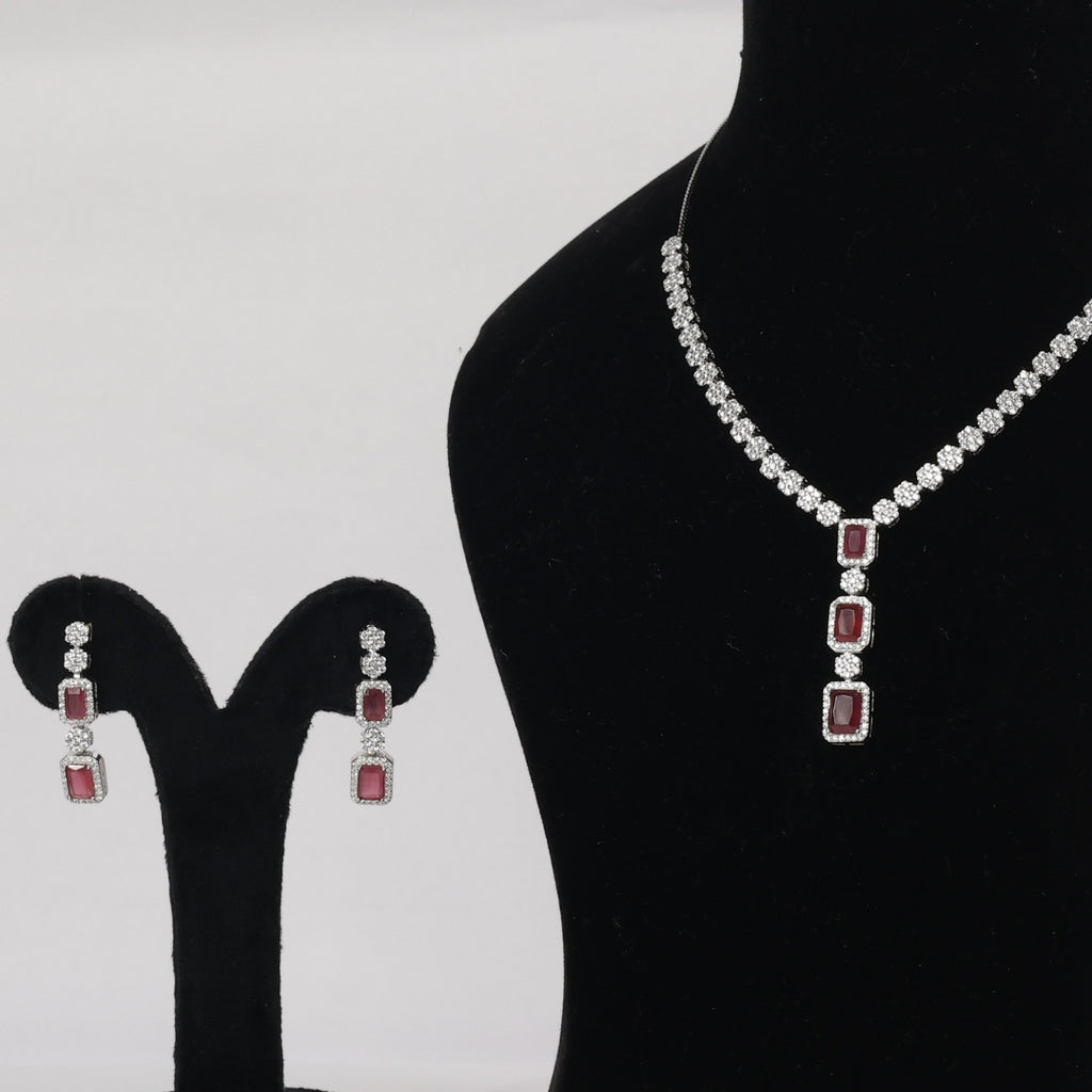 92.5 Sterling Silver Ruby Red Stone Necklace Set