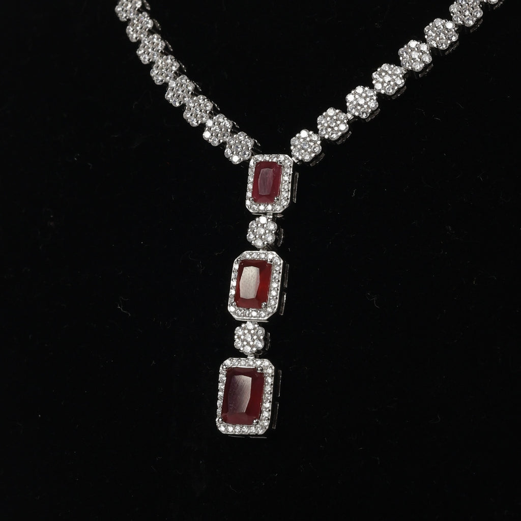 92.5 Sterling Silver Ruby Red Stone Necklace Set
