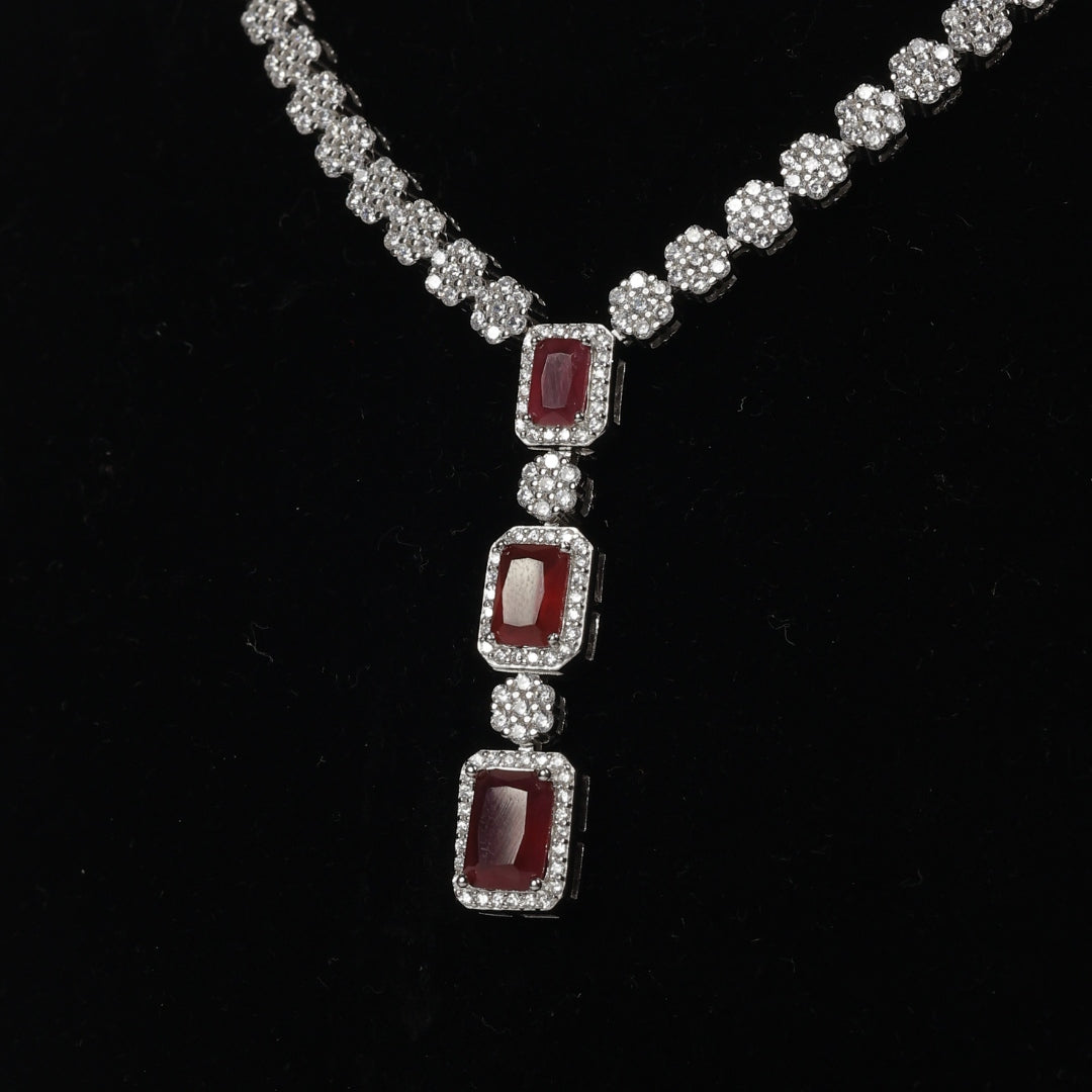 92.5 Sterling Silver Ruby Red Stone Necklace Set
