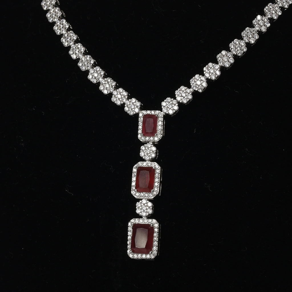 92.5 Sterling Silver Ruby Red Stone Necklace Set