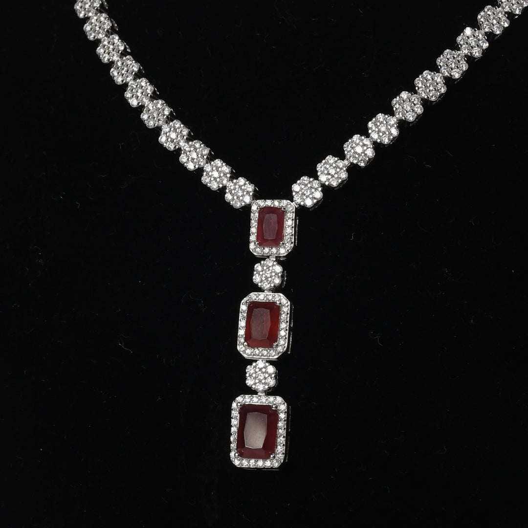 92.5 Sterling Silver Ruby Red Stone Necklace Set