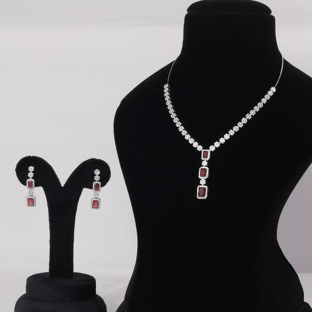 92.5 Sterling Silver Ruby Red Stone Necklace Set