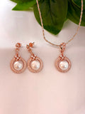 Rose Gold Pearl Halo Pendant Set