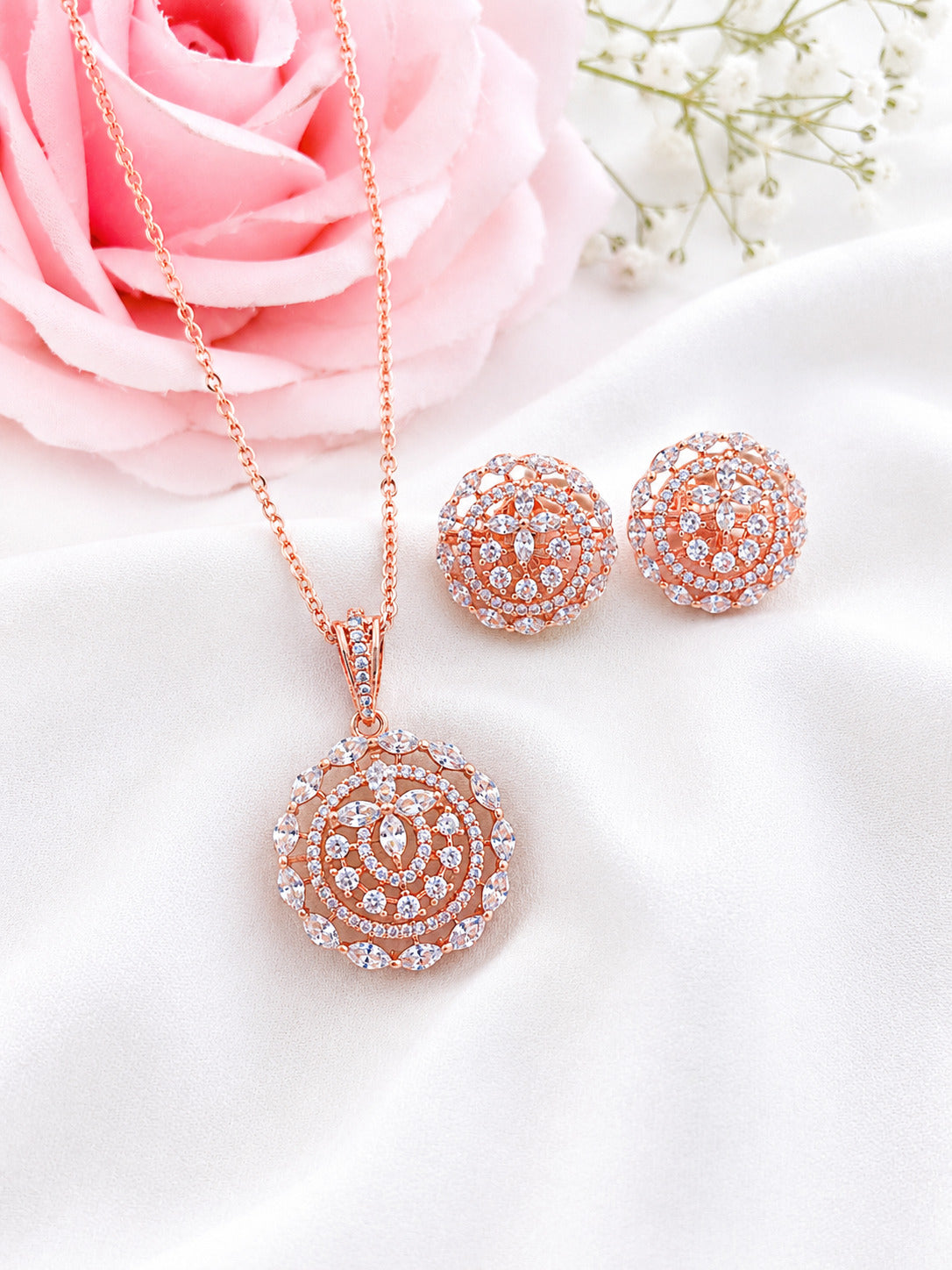 Rose Gold Floral Zircon Pendant Set