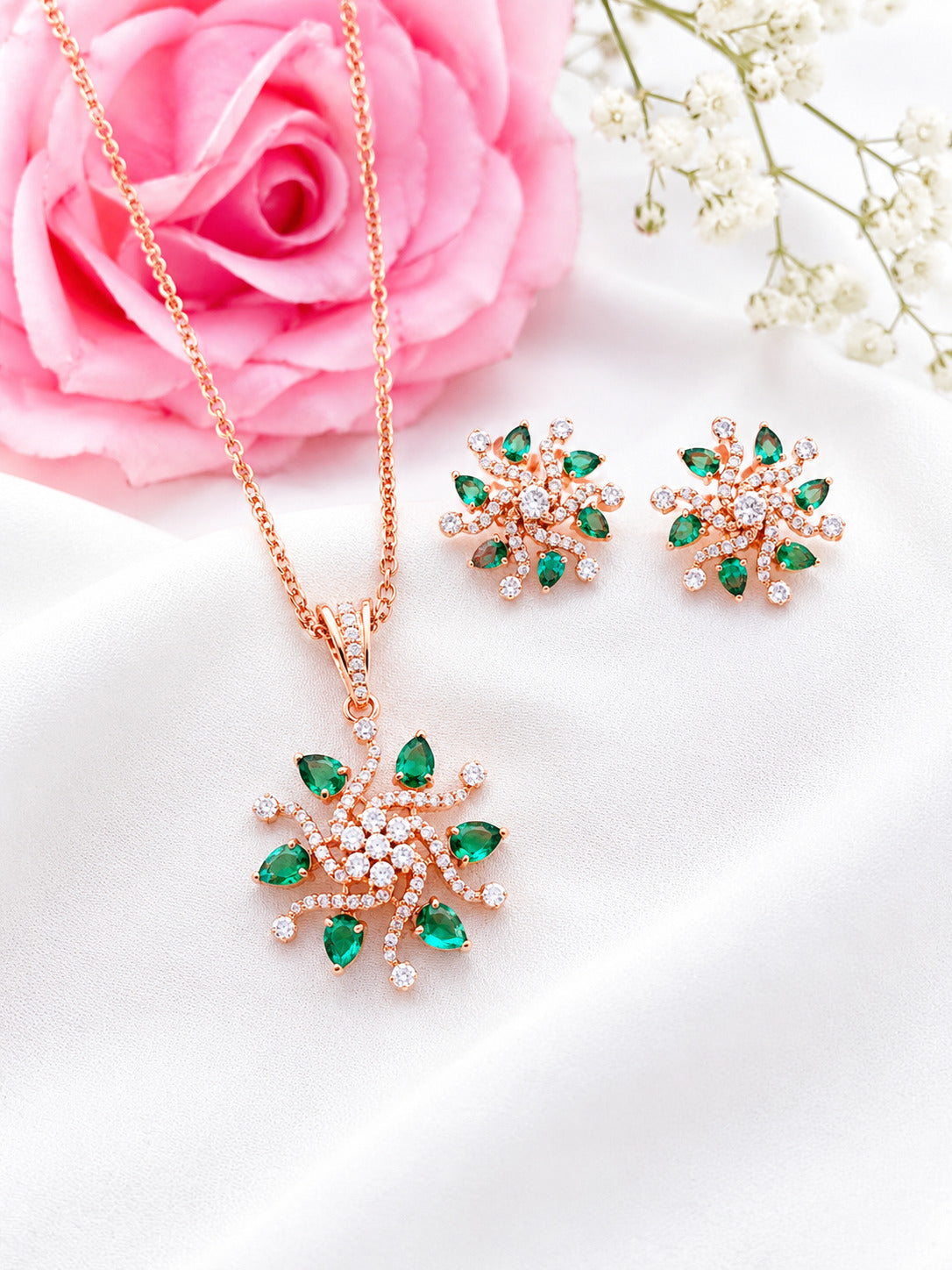 Rose Gold Emerald Floral Pendant Set