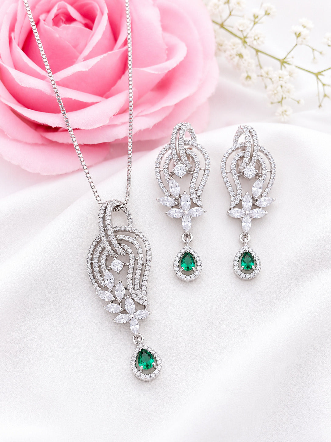 Silver Emerald Drop Pendant Set